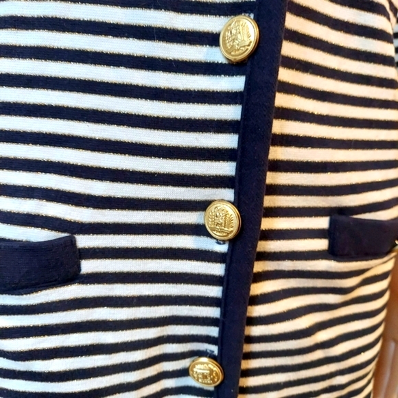 Navy Blue, White, & Gold Striped Nautical Cardigan with Detailed Button Closure - Picture 5 of 11